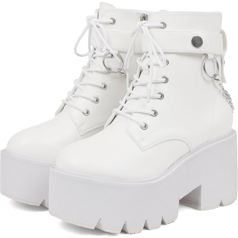 Women's Vegan Leather White Chunky Wedge Lace Up & Zipper Ankle Heel Party Boots